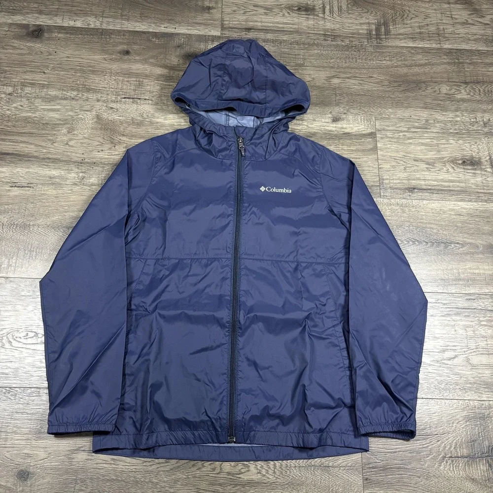 Columbia Jacket Unisex Kids Large Blue Hooded Full‎ Zip Windbreaker Lightweight